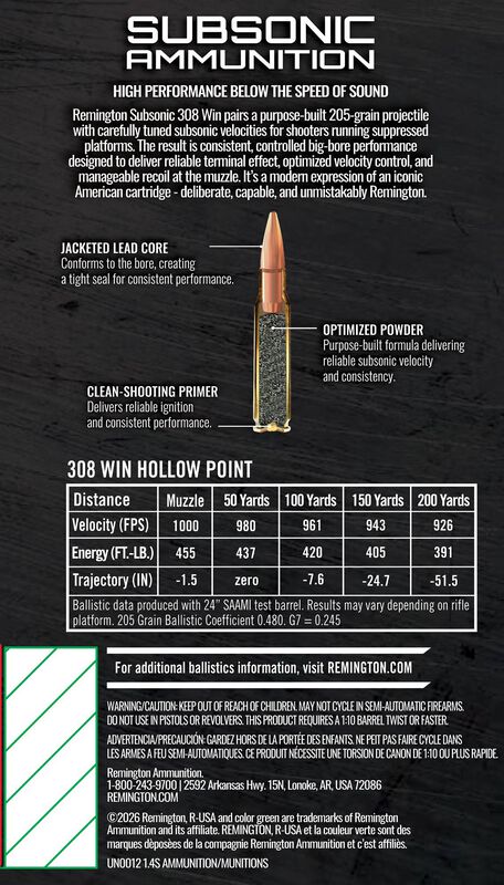 Subsonic Rifle, 308 Win., 205 Grain, Hollow Point, 1050 fps