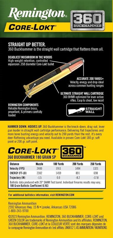 Core-Lokt, 360 Buckhammer, 180 Grain, Soft Point Core Lokt, 2400 fps