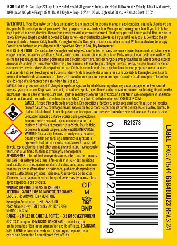 Ranch Hand, 22 LR, 38 Grain, Copper Plated Hollow Point, 1340 fps