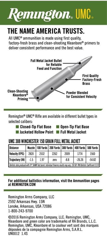 UMC Centerfire Rifle, 308 Win, 150 Grain, Full Metal Jacket, 2820 fps
