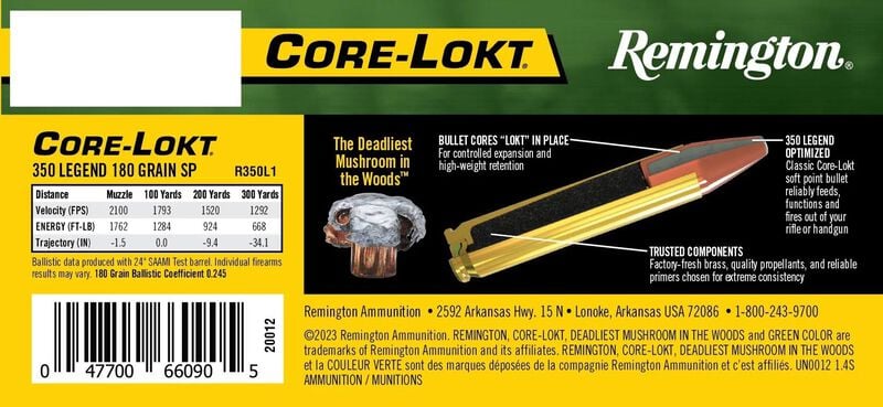 Core-Lokt, 350 Legend, 180 Grain, Jacketed Soft Point, 2100 fps