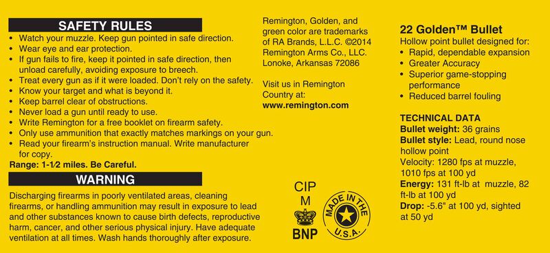 22 Golden Bullet, 22 LR, 36 Grain, Brass Plated Hollow Point, 1280 fps