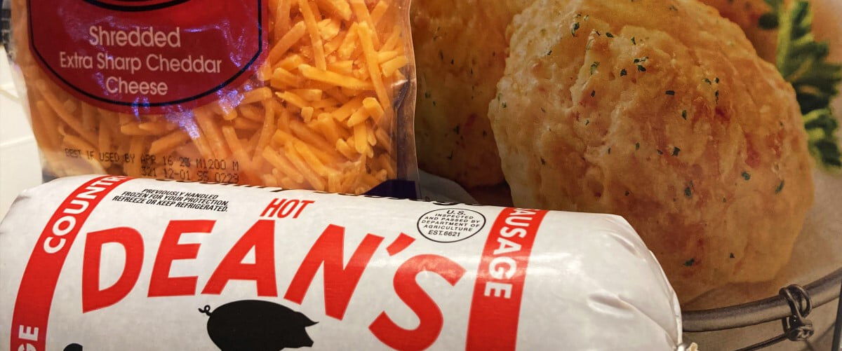Dean's hot sausage, extra sharp cheddar cheese, biscuit mix