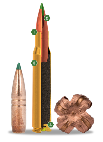 Numbered Rendering of Premier CuT bullet, cartridge, and upset