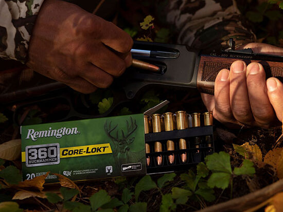 Core-Lokt 360 Buckhammer box and cartridges sitting amoungst leaves